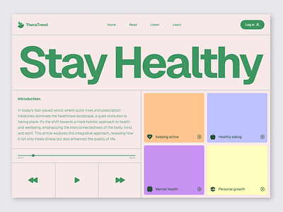 TheraTrend - Health & Wellbeing App app clean fitness green health hero landing page muted player tonal ui website wellbeing