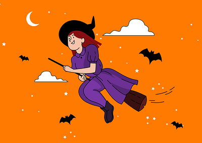 Flying Witch (Day 23/30 Vector Art Illustration) adobe bats broom colorful dailyui design drawing figma flat graphic design happy illustration illustrator midnight moon sketching smile stars ui witch