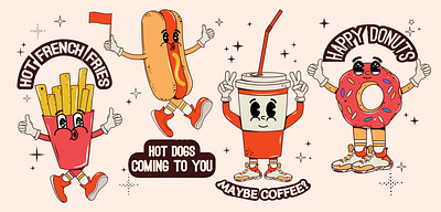 Street food cartoon characters coffee colored design donuts drawn food fries groovy hand hippie hot dog illustration isolated retro stars vector walk y2k