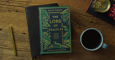 The Lord of Psalm 23 23 christian design foil gold grass green illustration lamb pastoral psalm sheep shepherd tree valley