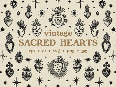 Vintage Sacred Hearts Bundle boho bundle download icons illustration logos sacred heart set vector vintage