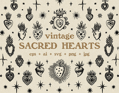 Vintage Sacred Hearts Bundle boho bundle download icons illustration logos sacred heart set vector vintage