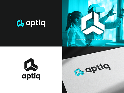 aptiq final logo design 3d 3d space a ar blue brand branding clean controller cyan geometric letter a letter q logo logomark minimal q swiss virtual reality vr