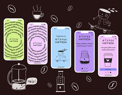 Onboarding for coffee app "Coffee Mood" figma illustration mobile app mobile application procreate ui ui design uiux ux ux design web design