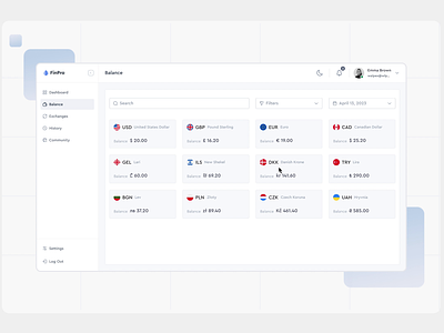FinTech Web App. Currency & Balance. Drawer Menu balance currency currency card drawer menu eur finance finpro fintech rate send money transfer money uiux usd ux design web app