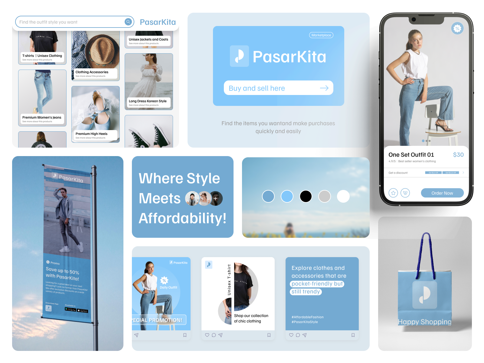 PasarKita - Marketplace Branding banner blue brand guidelines branding branding identity design e commerce fashion graphic design logo logo concept logo designer logo presentation marketplace modern shopping app startup branding trend vector visual identity