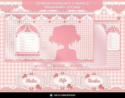 🍓🎀 Strawberry Cottage 🎀🍓 Stream overlays and panels cute stream overlay stream stream graphics stream overlay twitch twitch design twitch graphics