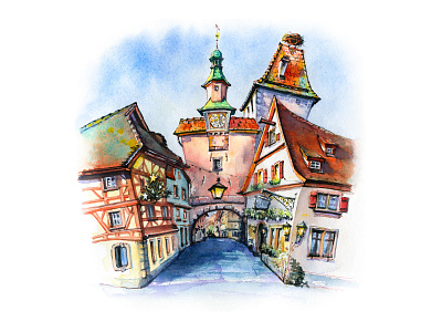 Rothenburg ob der Tauber, Bavaria architecture bavaria europe germany illustration landmark sketch town urban sketch vector watercolor