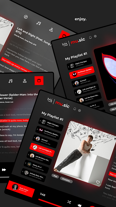 mu.sic - desktop app black branding design desktopapp figma graphic design grey logo music playlist red song ui