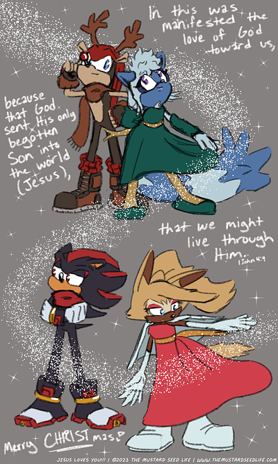 Merry CHRISTmas from Tangle x Mighty & Shadow x Whisper (?) character characters digital fan art fanart illustration jesus loves you!!! mighty mighty the armadillo shadow shadow the hedgehog shadow x whisper sonic sonic the hedgehog tangle tangle the lemur tangle x mighty the mustard seed life whisper whisper the wolf