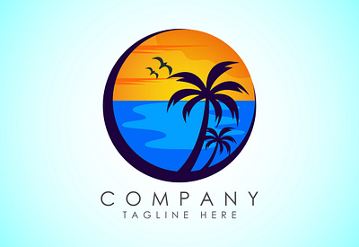 Beach logo design. Sun sunset sunrise with beach ocean unique