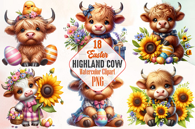 Easter Highland Cow Sublimation Clipart 3d animation app branding design graphic design illustration logo ui vector