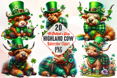 St Patrick's Day Highland Cow Clipart 3d animation app branding design graphic design illustration logo ui vector