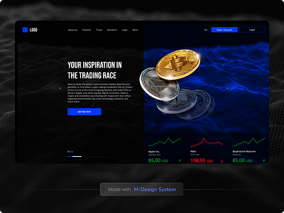 Landing Page for Fintech Trading | M-Design System 3d bitcoin black website blue website coins crypto dark mode digital finance website fintech growth hero hero section icons landing trading web website