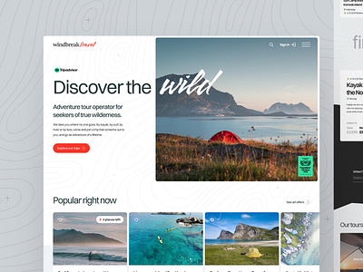 Windbreak Travel adventure bold text camping hiking homepage homepage concept kayaking outdoor company outdoors sea kayaking surfing travel company travel website ui design ui designer ux visual design web design web designer wilderness