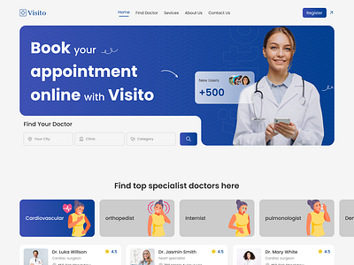 Seamless Health: Doctor Appointment Booking Made Easy appointment booking clinic doctor doctor website healthcare healthcare landing page hire hire ui ux designer medical website ui ui ux ux web design