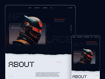 NFT Marketplace 3d about about us hero hero section landing marketplace nft robot typography ui