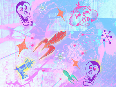 Cosmic Sickness atomic character clip studio paint cosmic galaxy tab s8 graffiti illustration pattern pink and blue pop raygun gothic retro rocket sketch texture void