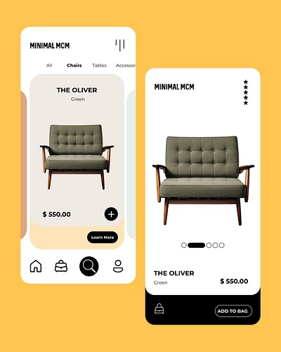 Minimal MCM - A midcentury modern furniture buying app app app design application application design branding daily ui design illustration interface mobile ui ui design ux ux design uxui