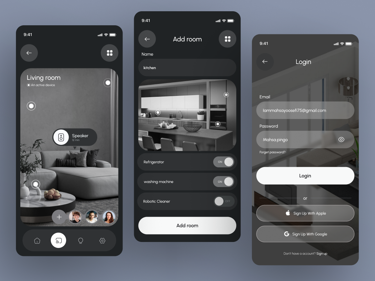 Iot application app branding darkmode design designer figma figmadesign getsmart graphic design home iot iot app kitchen room signup smarthome ui uidesign uiux ux