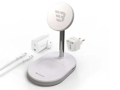 BAYKRON Premium 3-In-1 Wireless Stand Product Render & Packaging branding cgi render cmf design keyshot packaging product render