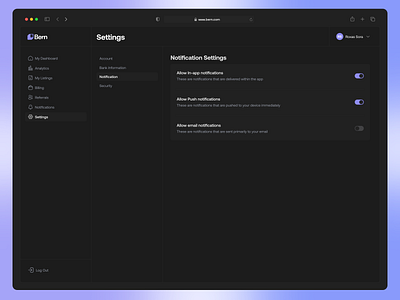 Notification Settings Page - Dark Mode dark mode notifcations settings ui ux web design