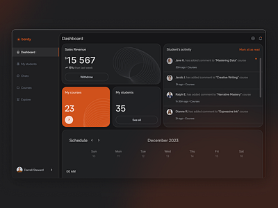 Dashboard | Learning platform branding dark theme dashboard graphic design learning learning platform logo metric metrics nav tab notifications schedule sidebar ui