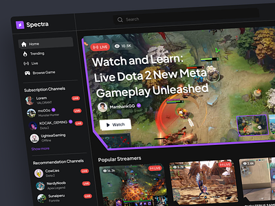 Spectra - Game Streaming Dashboard broadcast dashboard design game game streaming gaming landing page live streaing online streaming saas stream streamer streaming twitch ui ux video video platform video streaming website