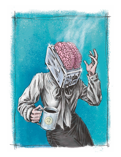 My Brain Is Toast brains burn out cartoon colorful comic digital painting drawing female funny illustration office painterly photoshop pink splatter surreal teal toaster weird art workplace