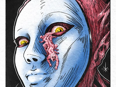 Cosmic Body Horror airbrush bizarro fiction body horror comic cosmic horror dark digital art drawing evil eyes face fiction gross illustration limited palette mask pink sci fi space weird art