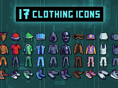 Clothing 32×32 Pixel Art Icons for Cyberpunk 2d 32x32 armor asset assets clothes cyberpunk fantasy game game assets gamedev icon icone icons indie indie game pixel pixelart pixelated