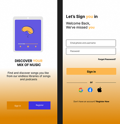 Sign in page for a music app music sign in ui ux