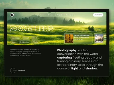 ZOOMLENS Photography Studio - Landing Page Design. camera clean design concept design landing page lens mordern design nature photography photography ui uiux web design zoom