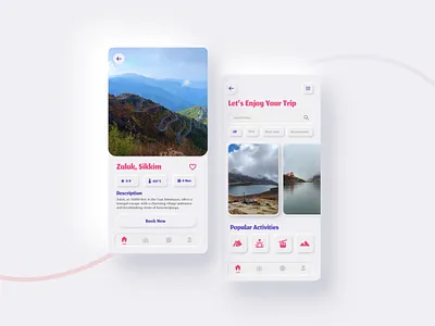 Travel mobile app UI design with Neumorphism effect adventure app design booking service branding clean figma hotel layout design mountains product design tour travel agency ui ux design vacation