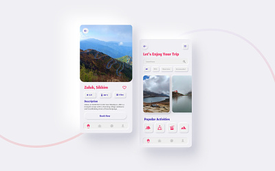 Travel mobile app UI design with Neumorphism effect adventure app design booking service branding clean figma hotel layout design mountains product design tour travel agency ui ux design vacation