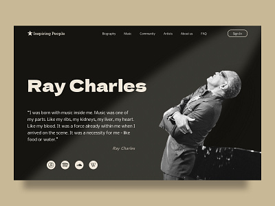 Start screen for the website about Ray Charles biography black and white design famous figma inspiring people jazz light people quote ray ray charles start page ui ui ux design uiux web web design