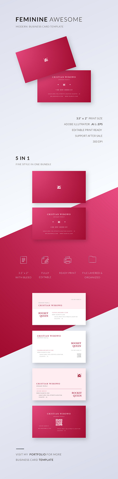 FEMINIME AWESOME BUSINESS CARD TEMPLATE awesome awesome pink branding business business card business cards card creative editable feminine feminine business card heard logo marketing modern pink pink business card vector woman woman business card