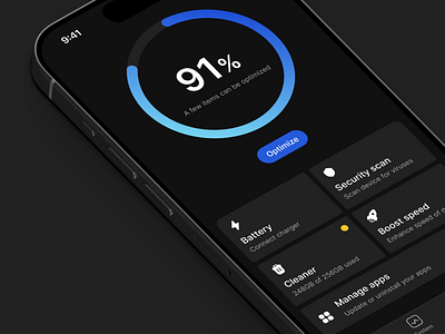 SecurityNet app – Home screen app battery blue chart clean cleaning dark dark mode darkmode figma interface ios memory minimal mobile product design scan security ui ux
