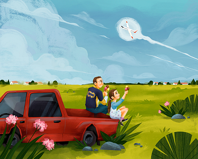 Watching planes car children book clouds dad girl grass icecream illustration kids book landscape memory picup plane procreate small town summer