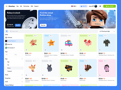BloxShop - Roblox Items Shop Website bloxshop game game ui gaming gaming dashboard gaming ui illustration items marketplace roblox roblox shop roblox website robux shop skins