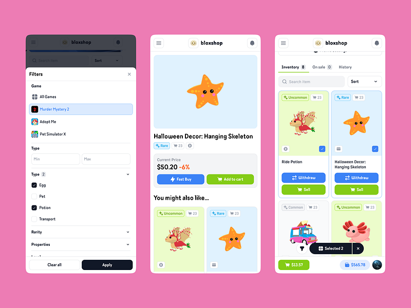 BloxShop - Mobile Roblox Items Website filters game game ui gaming illustration item page marketplace mobile app mobile game mobile ui nft roblox roblox shop search shop skins trading