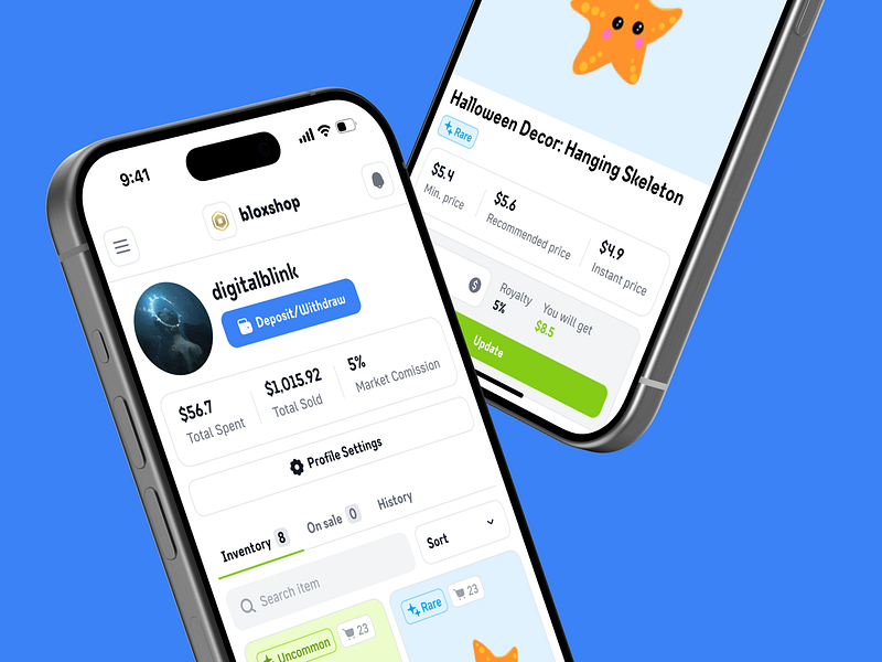 BloxShop - Mobile Roblox Shop Website game illustration inventory item page items marketplace mobile app nft profile roblox roblox app roblox shop shop skins trading