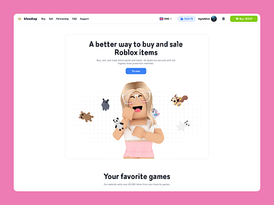 BloxShop - Landing Page animation flat ui game game landing game ui home page illustration landing market marketplace roblox roblox shop robux scroll shop skins trading