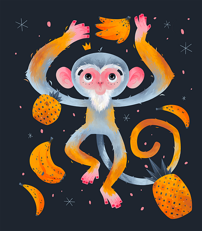 Monkey King bananas character design children book crown illustration kids book king monkey monkey king picturebook pineapple sky stars