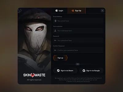 SkinWaste - Casino Sign Up Modal Window casino crypto casino cs2 gambling game game ui gaming igaming illustration login modal window online casino pop up registration sign up skin casino