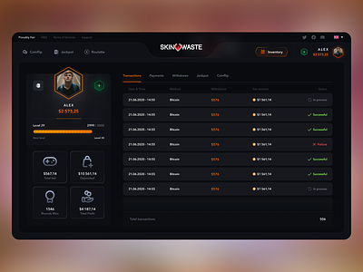 SkinWaste - Casino Profile Page back office blockchain casino casino games crypto crypto casino dashboard finances gambling game game ui gaming gaming ui igaming online casino profile statistics