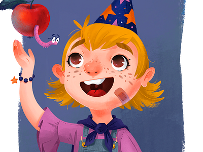 Magic! apple character design children book cute girl illustration kid kids book magic magican overalls picturebook worm