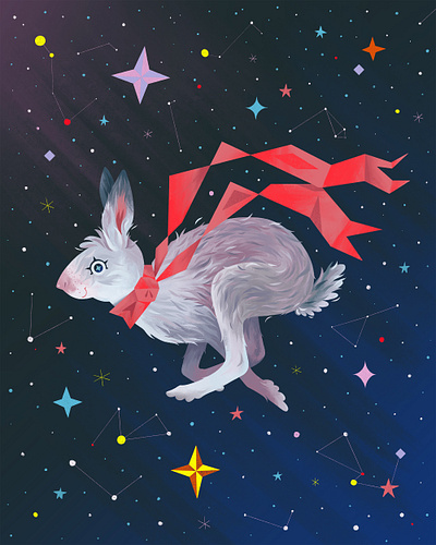 Running hare bunny character design children book hare illustration kids book picturebook rabbit scarf sky stars