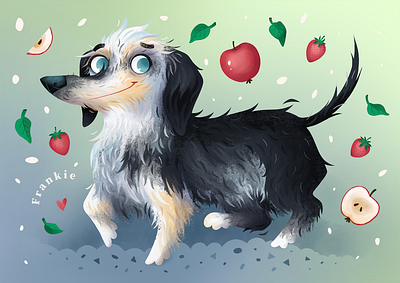 Frankie animals apples character design children book cute dog hairy illustration kids book picturebook strawberries