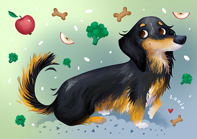 Lanie apple broccoli character design children book cute dog fluffy hot dog illustration kids book picturebook weiner dog